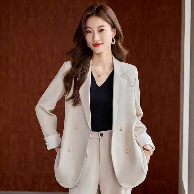 Skyheart-Lapel Collar Plain Double Breasted Blazer Mid Rise Plain Wide Leg Dress Pants Set