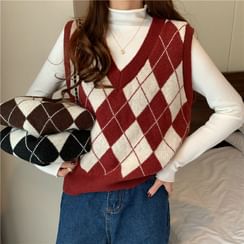Dreamkura - Argyle V-Neck Sweater Vest / Long-Sleeve Mock-Neck T-Shirt