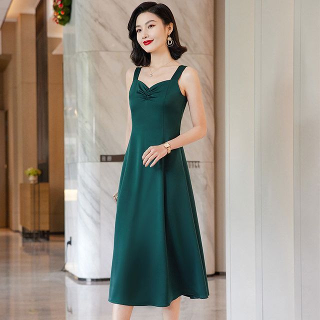 Princess Min - Sleeveless Sweetheart Neckline Plain Midi A-Line Dress |  YesStyle