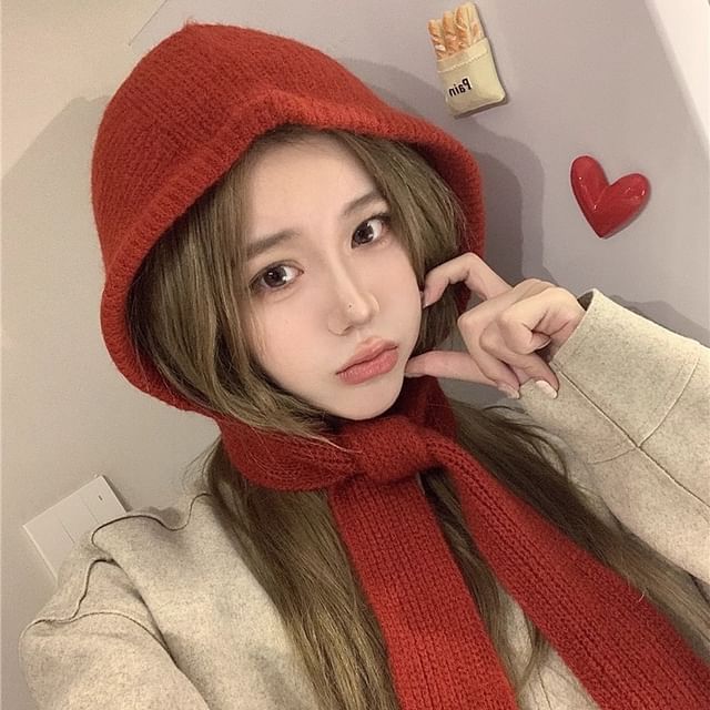 HARPY-Hooded Plain Ribbed Knit Scarf