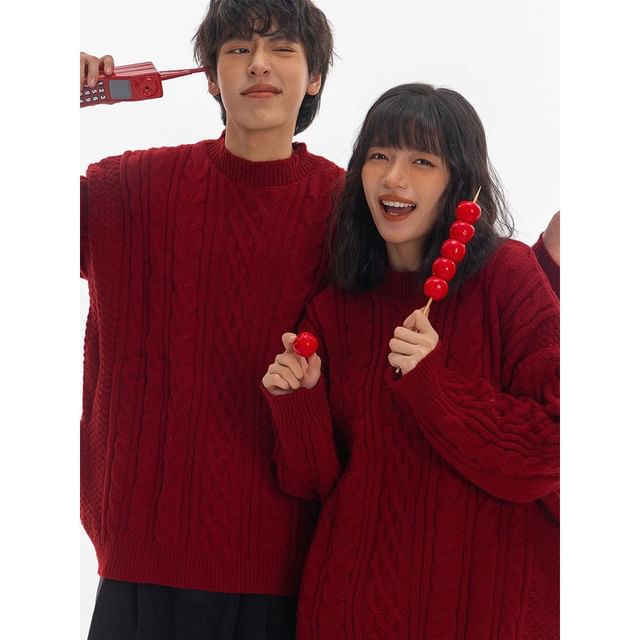 Adothuiastic-Couple Matching Crew Neck Plain Cable Knit Sweater
