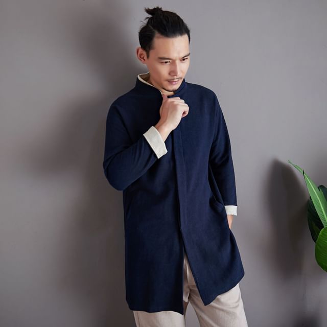 Sparrow Farm-Long Sleeve Mandarin Collar Panel Long Shirt