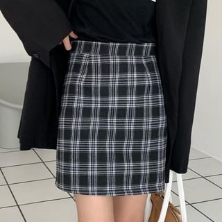 Sisyphi-High Rise Plaid Mini Pencil Skirt