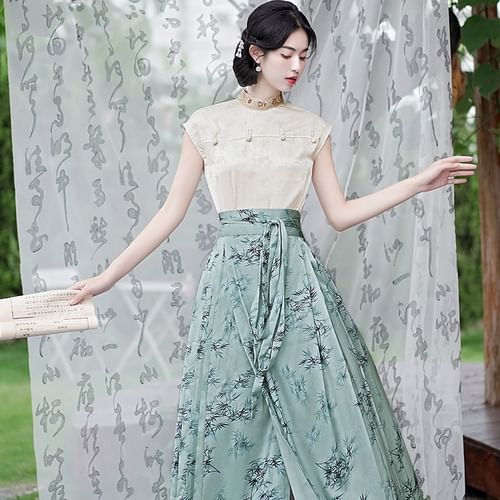 Sleeveless Mandarin Collar Floral Embroidered Jacquard Top / High Waist  Bamboo Print Pleated Maxi A-Line Hanfu Skirt / Set