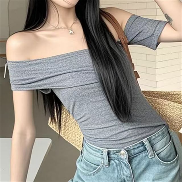 Asiris-Short Sleeve Off Shoulder Plain Ruched Tee