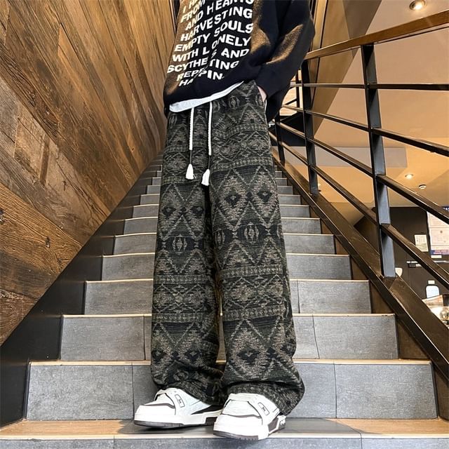 Blueforce-Drawstring Waist Diamond Jacquard Wide Leg Pants