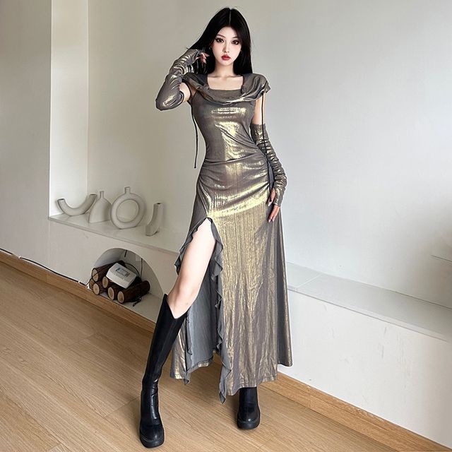 Amyway - Set: Sleeveless Cowl Neck Plain Hooded Slit Maxi A-Line Dress +  Arm Sleeves | YesStyle