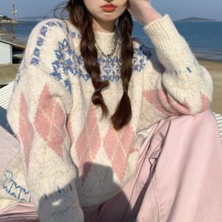 Closette-Mock Neck Drop-Shoulder Argyle Sweater