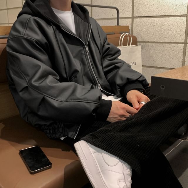 MRCYC-Hooded Faux Leather Zip Jacket