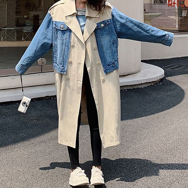 Strawolf-Denim Panel Double-Breasted Trench Coat
