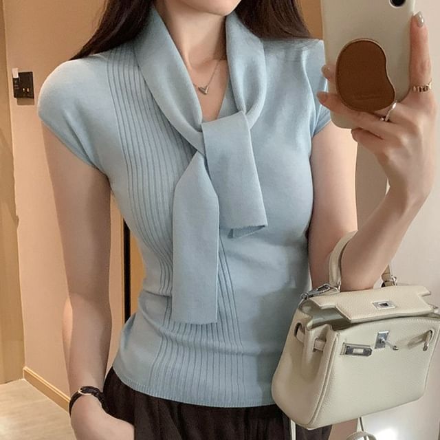 Asiris-Cap Sleeve Plain Tie-Front Ribbed-Knit Slim-Fit Top