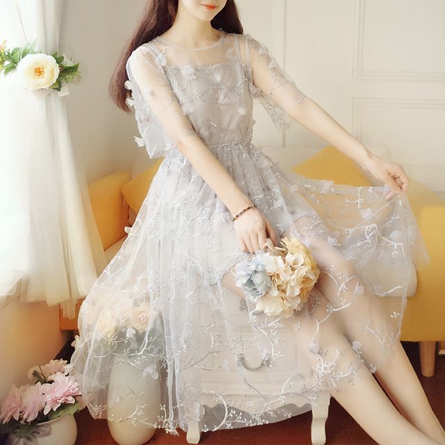 Petit Lace - Set: Elbow-Sleeve Embroidered Midi A-Line Mesh Dress + Slip  Dress | YesStyle