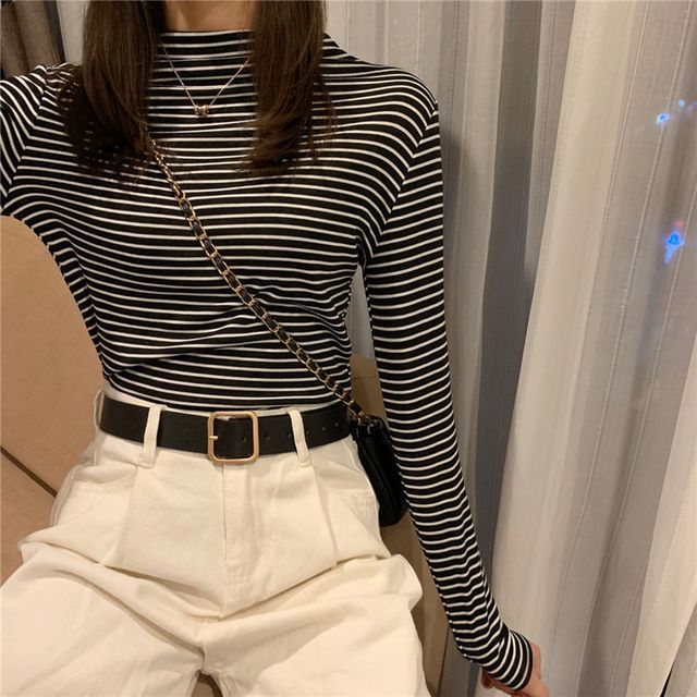 striped long sleeve mock neck