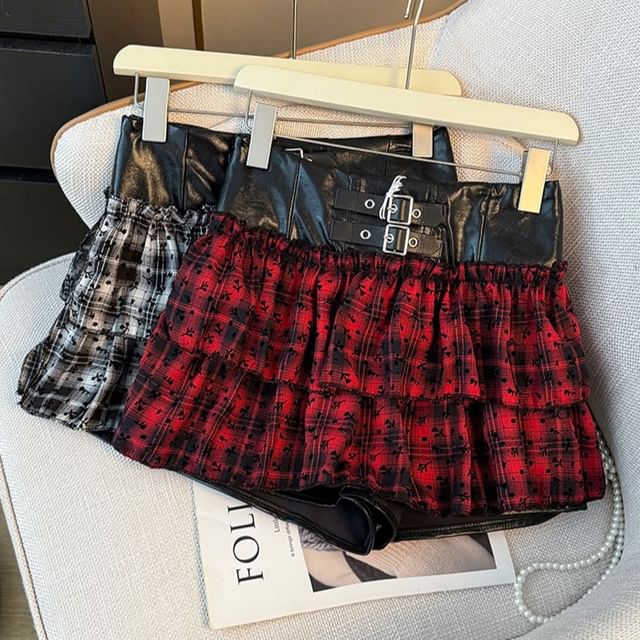 Lemongrass-Two-Tone High-Waist Plaid Skort