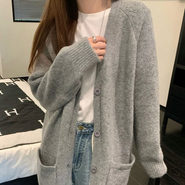 Beem-V-Neck Plain Single Breasted Long Cardigan