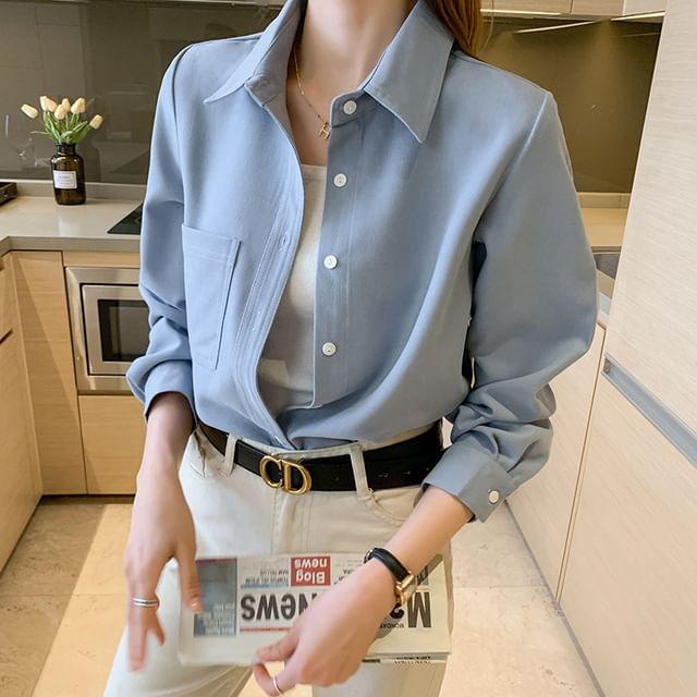 Jaqmine-Long-Sleeve Button-Up Plain Shirt