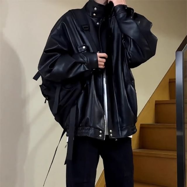 emeisa-Stand Collar Plain Faux Leather Zip Jacket