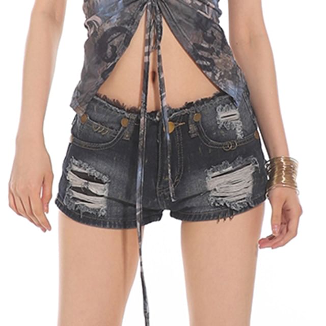 SPUCIKLEI-Mid Rise Washed Distressed Denim Shorts