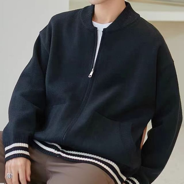 Urtishia-Crewneck Striped Trim Zip Knit Jacket