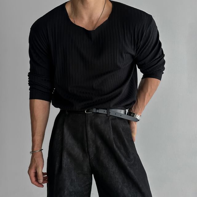 Okwano-Long-Sleeve Round Neck Plain Ribbed Knit Top