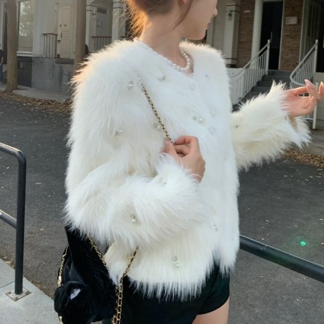 Beem-Crew Neck Faux Pearl Accent Fluffy Button-Up Crop Jacket