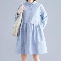 FUEMA - Long-Sleeve Plaid Collared Dress
