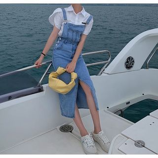 EFO Short-Sleeve Collared Plain Frill Blouse / Washed Slit Midi A-Line Denim Dungaree