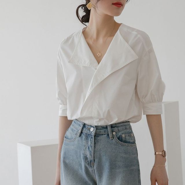 Everose-Elbow-Sleeve Plain Blouse