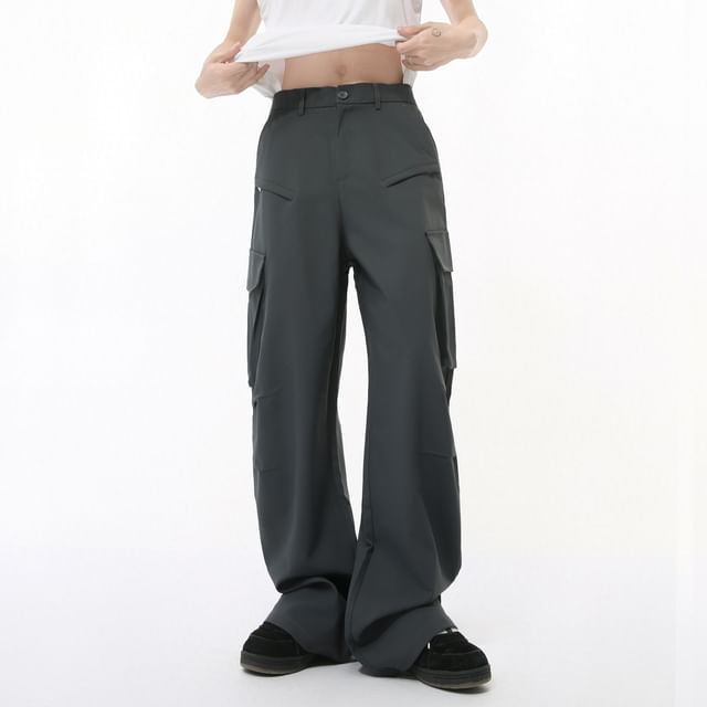 FAERIS-Mid Rise Plain Wide Leg Cargo Pants