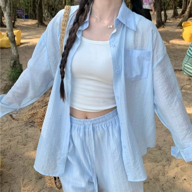 Beem-Set Long-Sleeve Striped Shirt Shorts