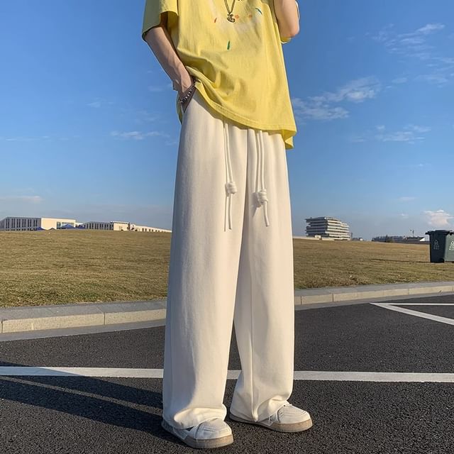 fluffush-Drawstring Waist Plain Wide Leg Sweatpants