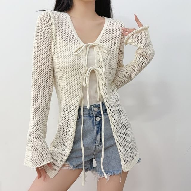 Ulark-V-Neck Plain Tie Front Cardigan