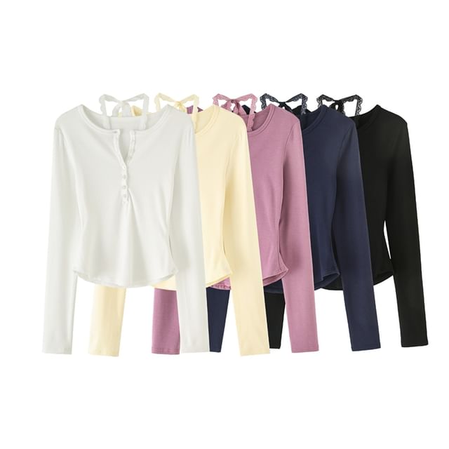 Ulark-Long-Sleeve Halter Neck Lace Panel Half-Buttoned Plain Crop T-Shirt
