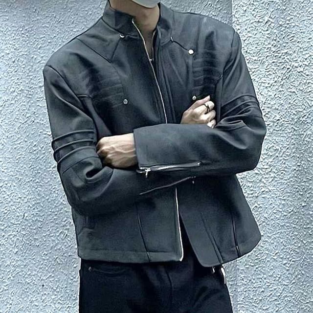 Real Boy-Stand Collar Faux Leather Plain Zip Biker Jacket