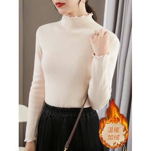 Naiex - Long-Sleeve Mock Neck Frill Trim Plain Ribbed Fleece Knit