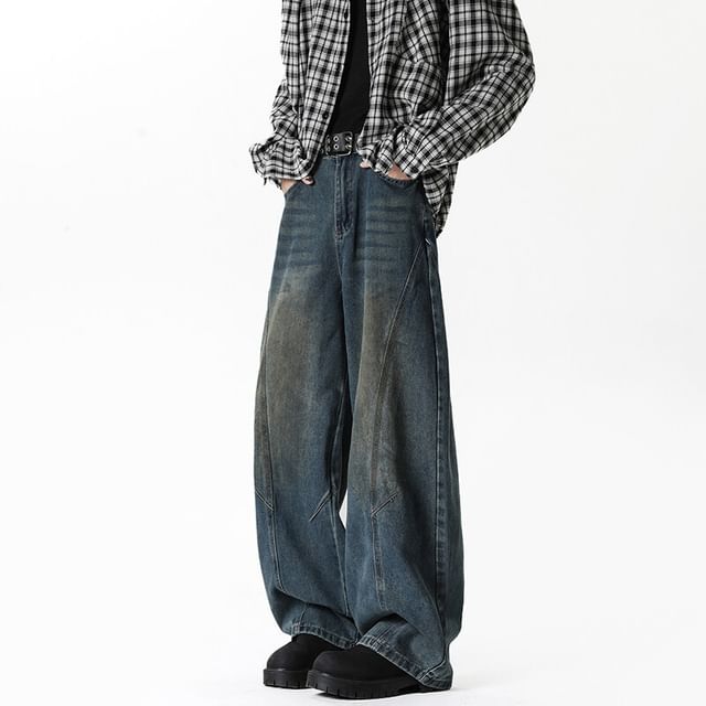Omozando-Mid Rise Washed Wide Leg Jeans