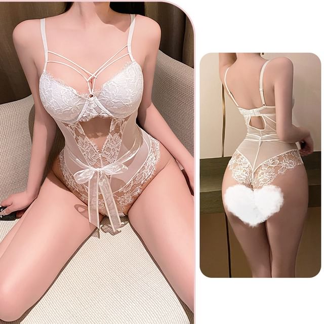 Candyiry-Spaghetti Strap Plain Mesh Panel Cutout Lace Teddy
