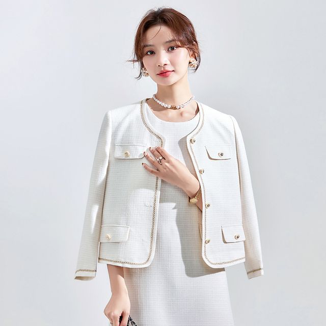 Skyheart-Round Neck Contrast Trim Button-Up Jacket Sleeveless A-Line Dress Set