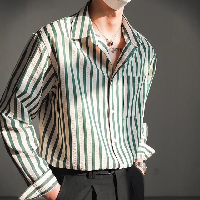 GRAYCIOUS-Long-Sleeve Striped Button-Up Shirt