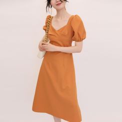 TANSSHOP - Plain Puff-Sleeve Twist Midi A-Line Dress