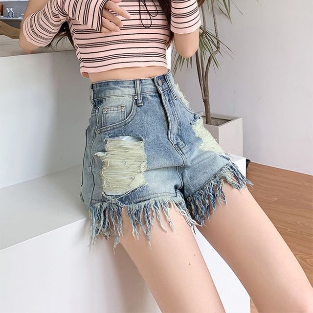 Everose-High Waist Distressed Denim Hot Pants