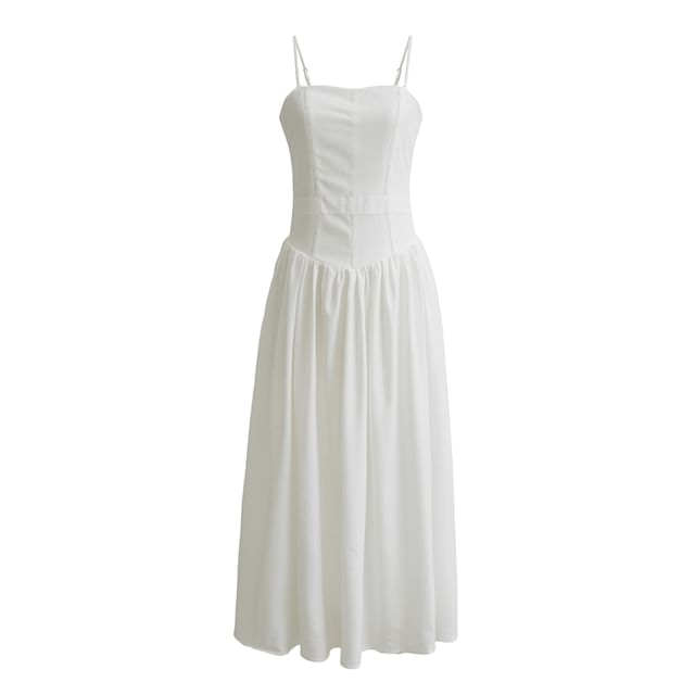 Ulark-Spaghetti Strap Plain Midi A-Line Dress