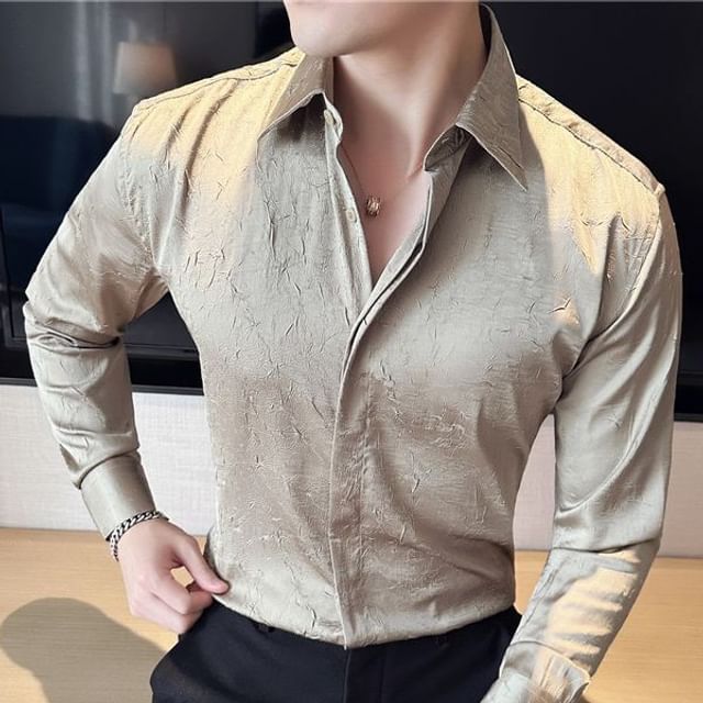 Lefitt-Long-Sleeve Plain Textured Button-Up Shirt