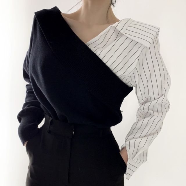 Janerium-Long-Sleeve V-Neck Pinstriped Panel Knit Wrap Top