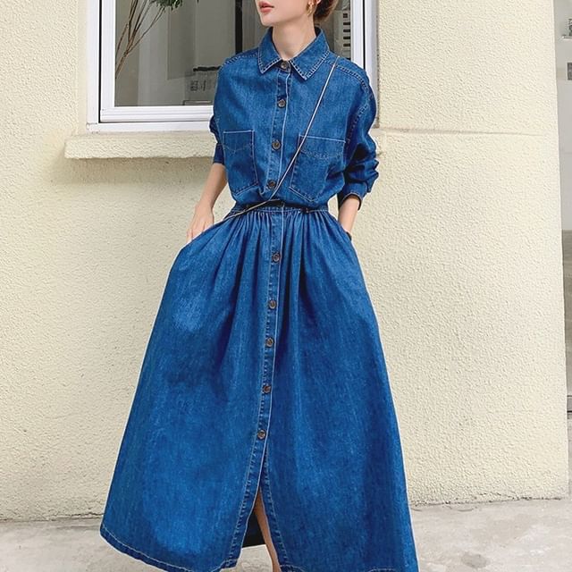 Omibayo - Long Sleeve Collared Washed Midi A-Line Denim Shirt Dress | YesStyle Omibayo - Long Sleeve Collared Washed Midi A-Line Denim Shirt Dress | YesStyle