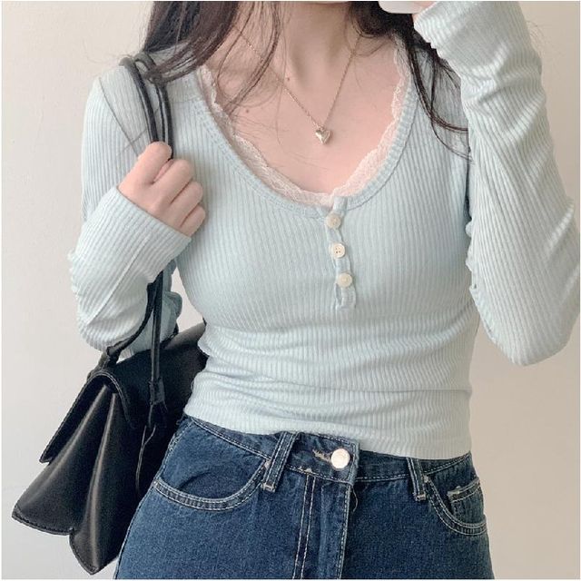 Glotto-Long Sleeve Crew Neck Half Placket Slim Fit Tee