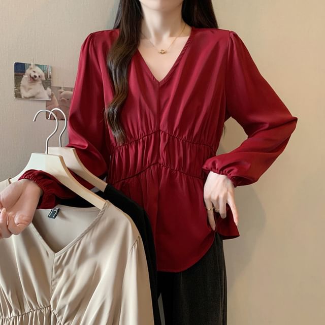 Acoustic Rain-Long-Sleeve V-Neck Plain Peplum Blouse