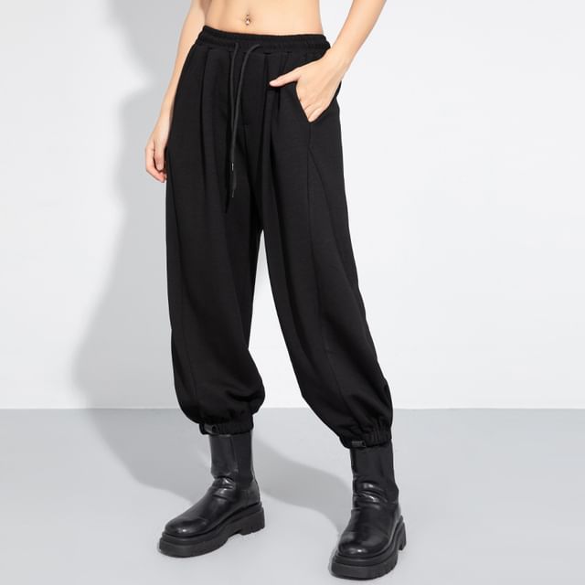KUMI-Drawstring Waist Plain Cropped Harem Sweatpants