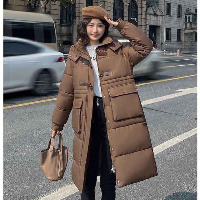 Sienne-Stand Collar Plain Hood Midi Zip Puffer Coat