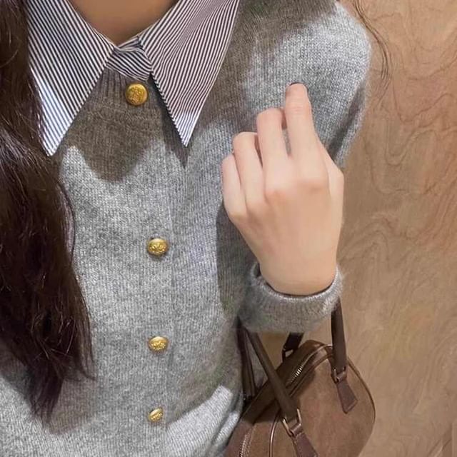Yako-Mock Two-Piece Long-Sleeve Striped Collar Button Knit Top